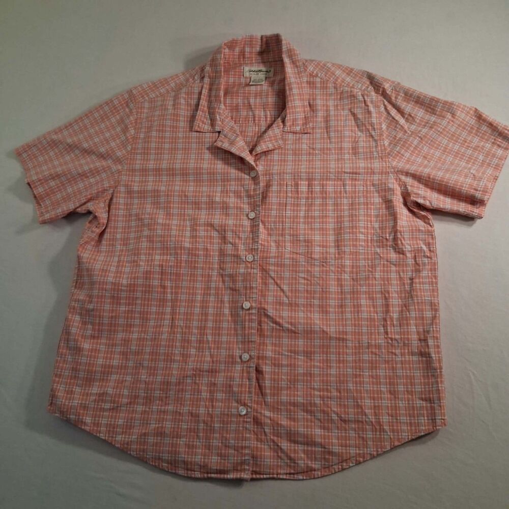 Eddie Bauer Womens L Shirt Peach Plaid Cotton Casual Button Up Short Sleeve